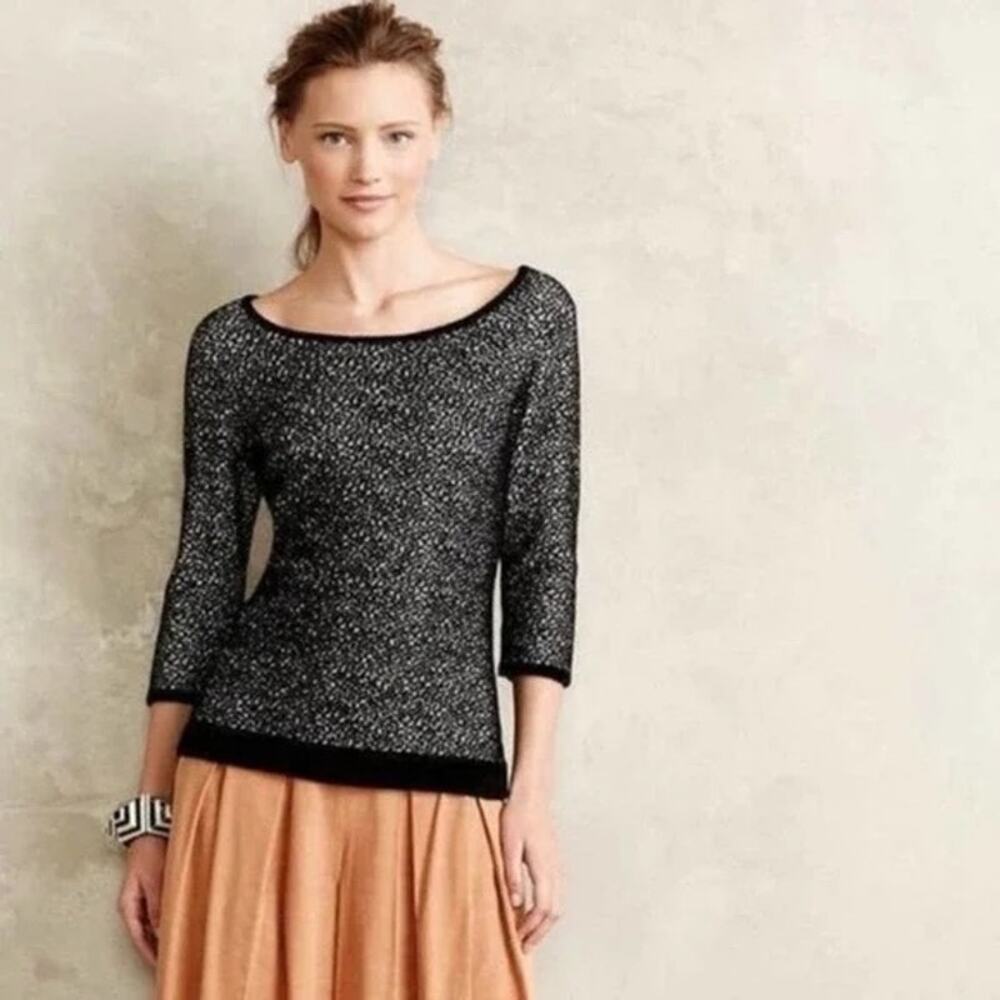 [Anthropologie] Moth Black Boat Neck Lana Textured 3/4 Sleeve Sweater Sz Medium